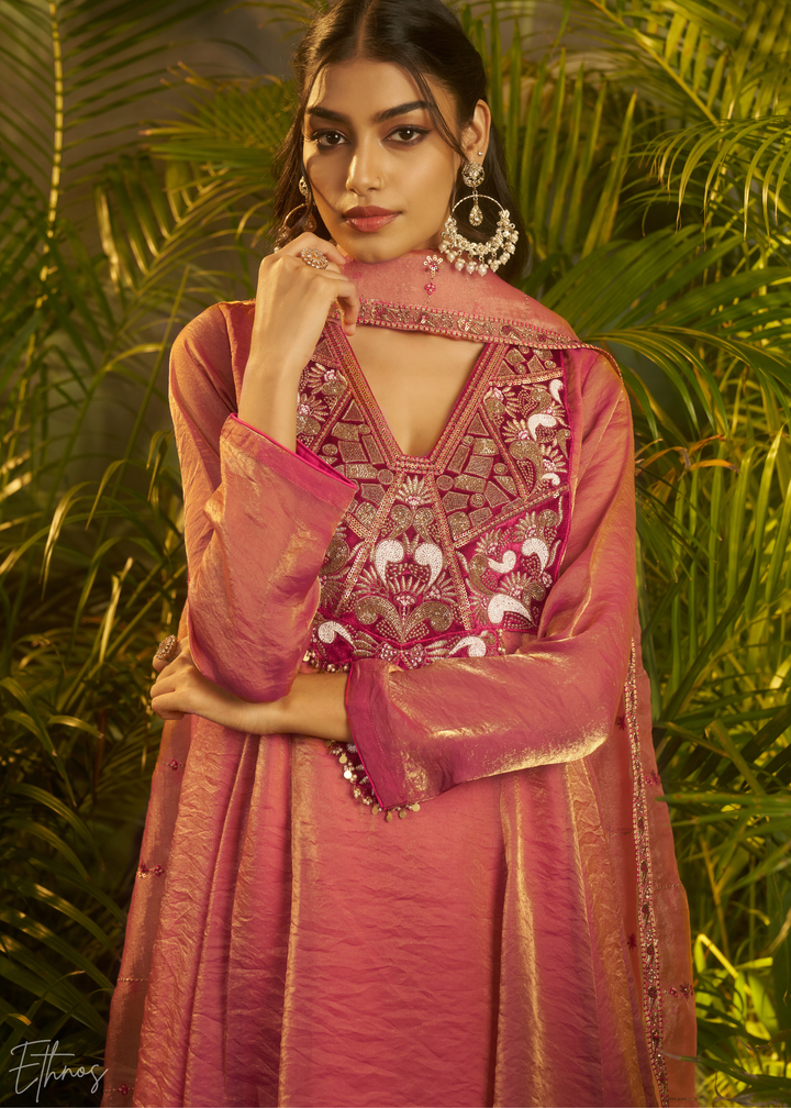Rose Gold Zardozi Organza Kalidar  Kurta Palazzo Suit