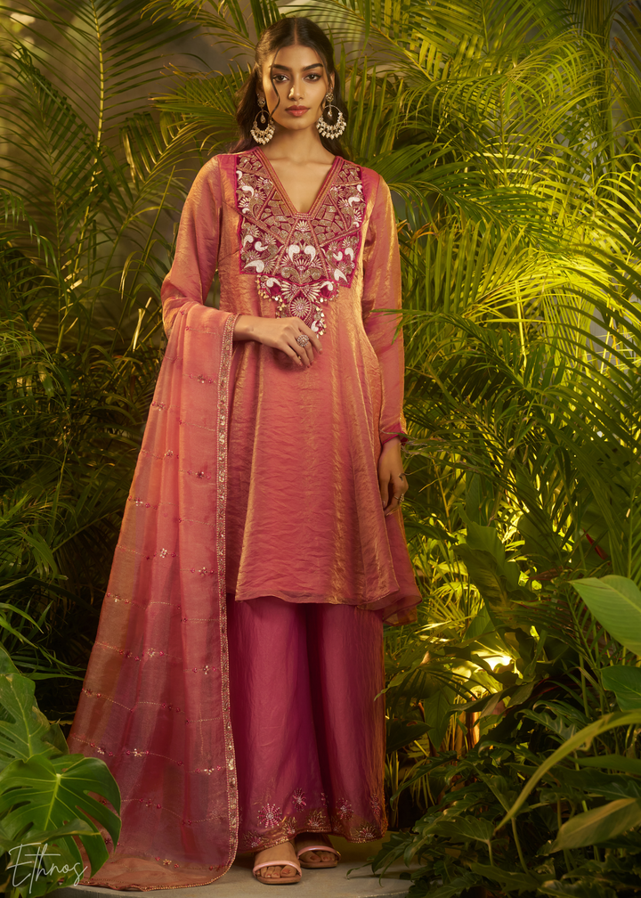 Rose Gold Zardozi Organza Kalidar  Kurta Palazzo Suit