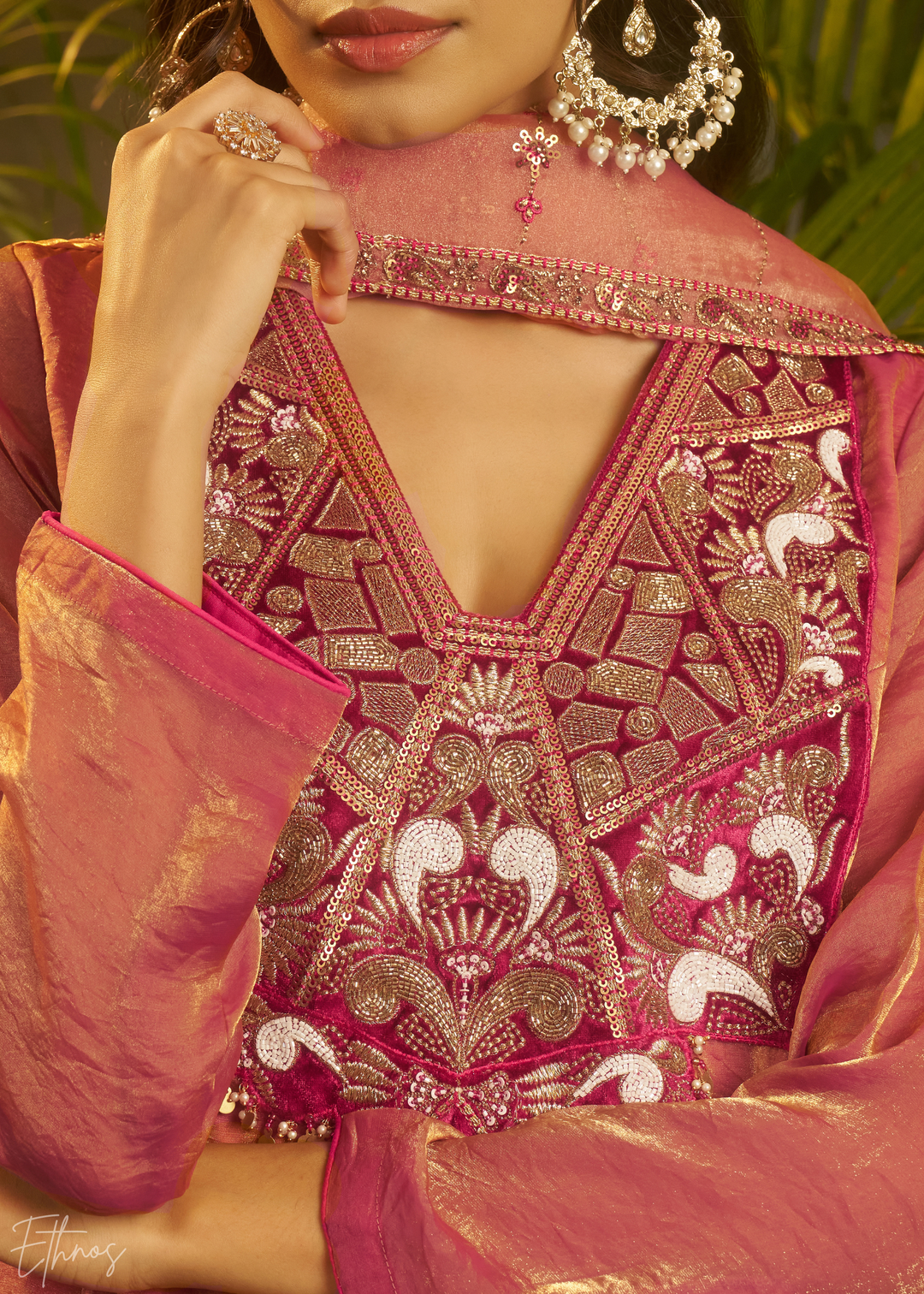 Rose Gold Zardozi Organza Kalidar  Kurta Palazzo Suit