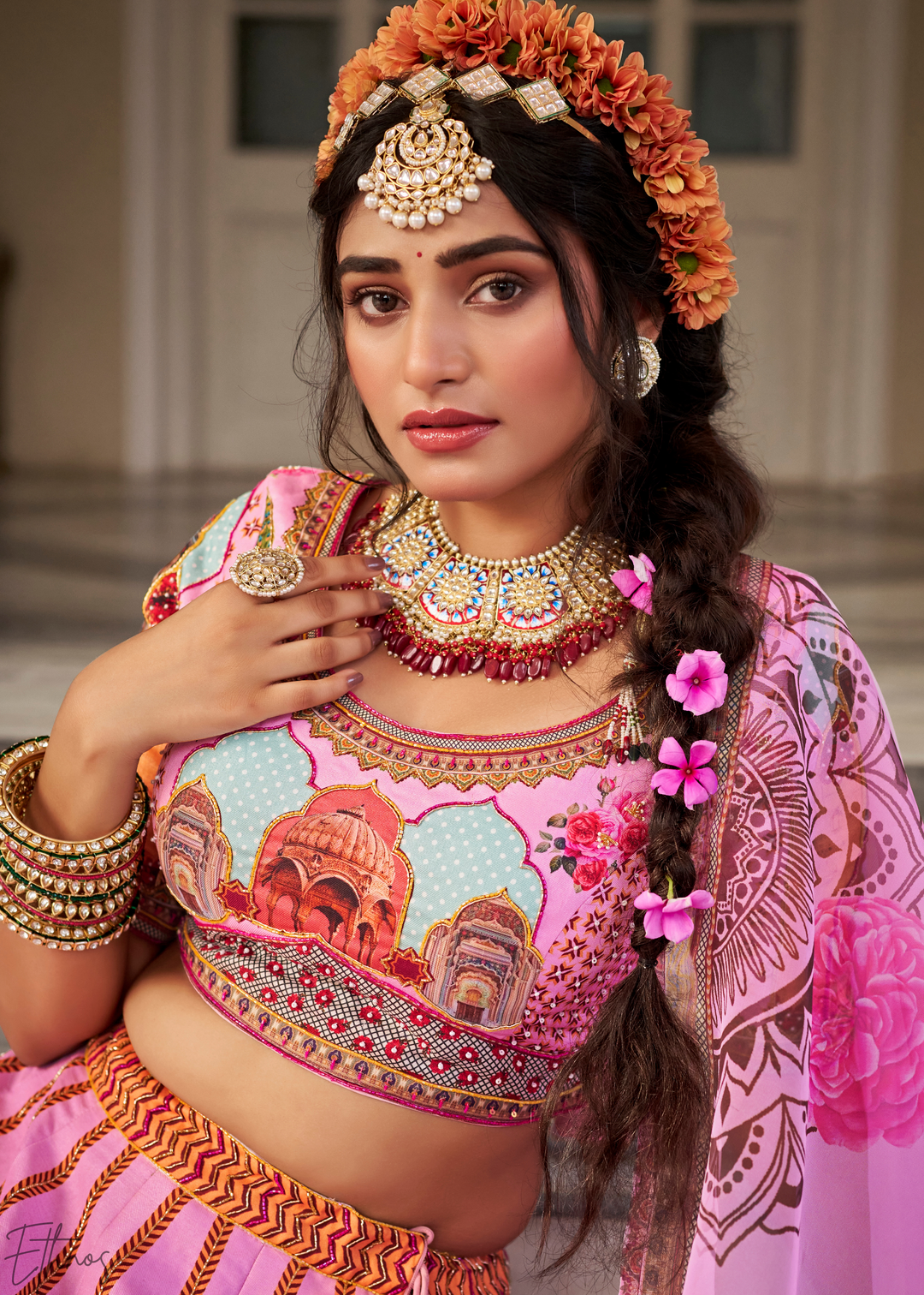 Pink Architectural-Print Silk Lehenga