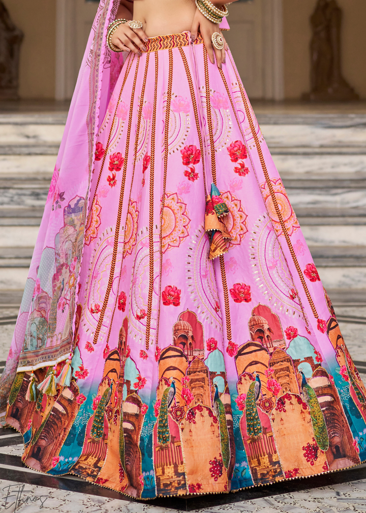 Pink Architectural-Print Silk Lehenga