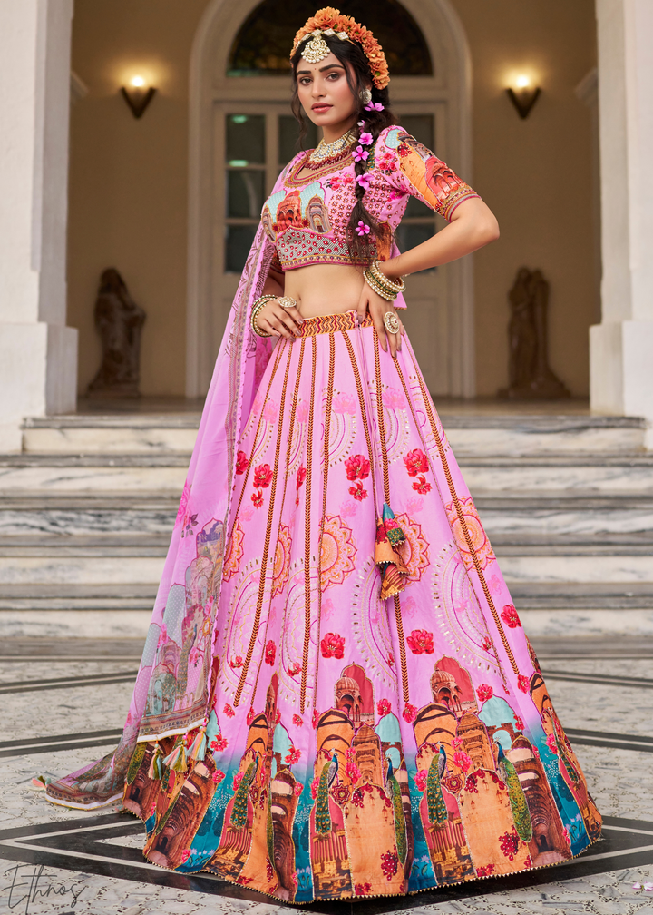 Pink Architectural-Print Silk Lehenga