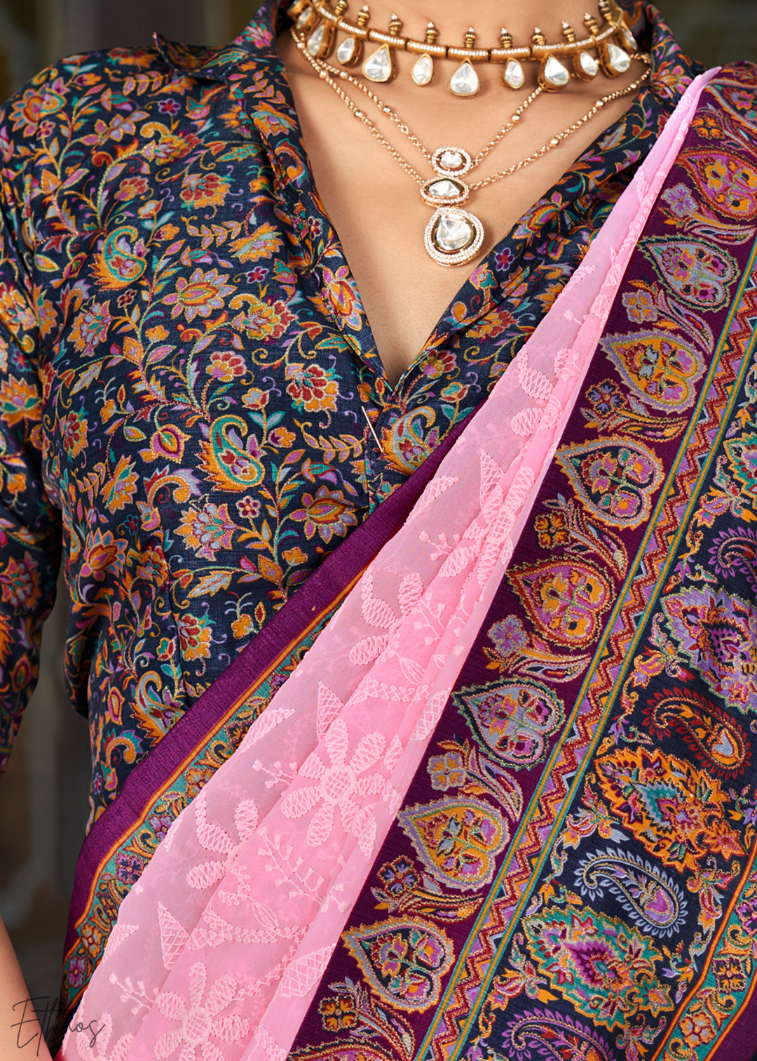 Pink & Blue Pashmina Woven Georgette Saree