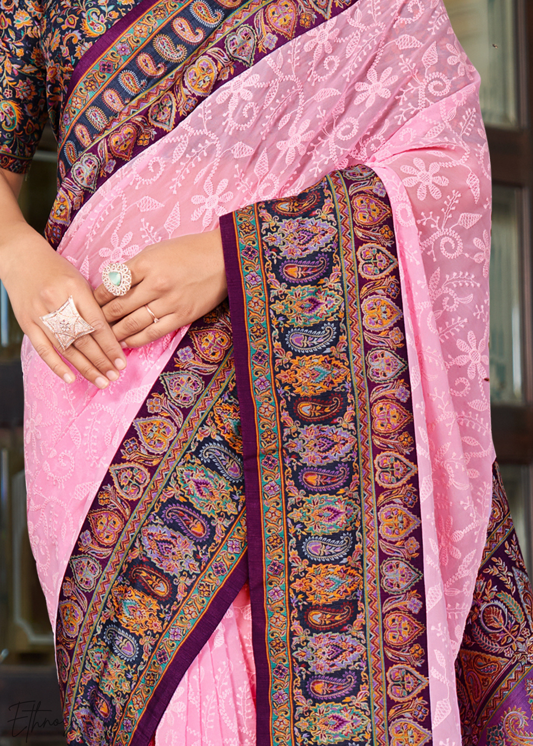 Pink & Blue Pashmina Woven Georgette Saree