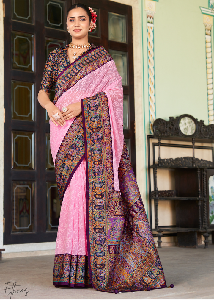 Pink & Blue Pashmina Woven Georgette Saree