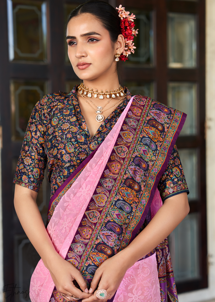 Pink & Blue Pashmina Woven Georgette Saree