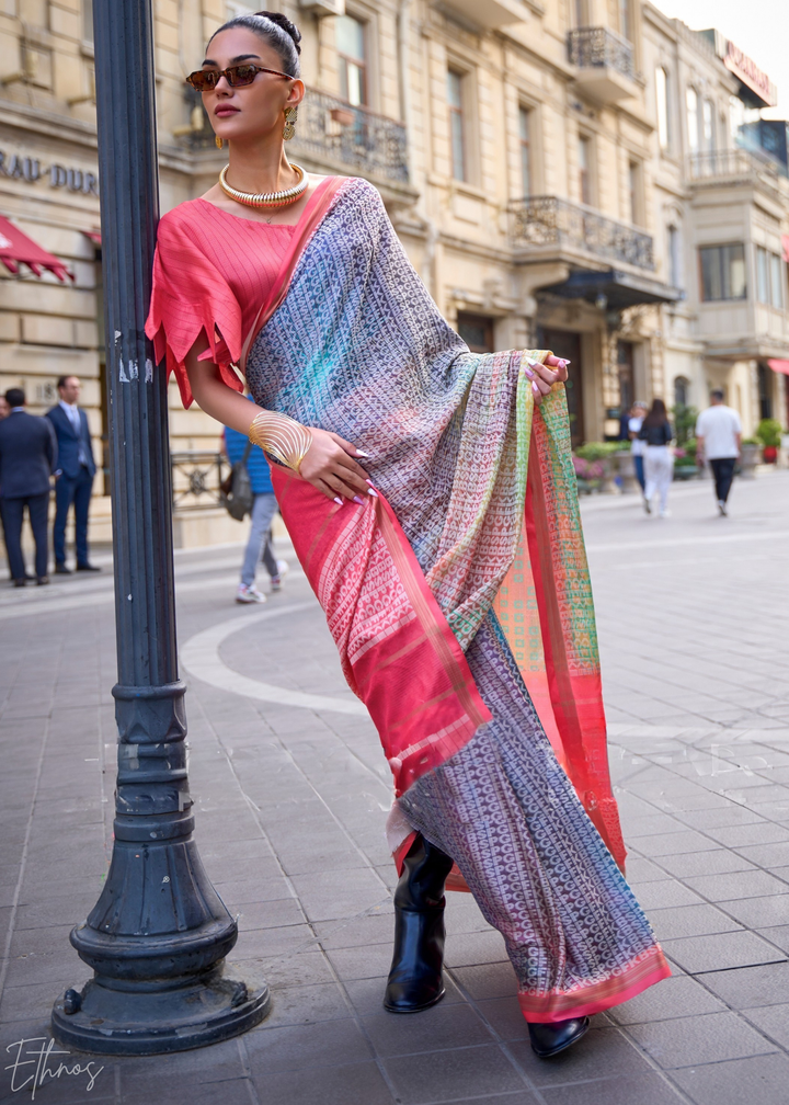 Pink & Blue Printed Viscose Saree
