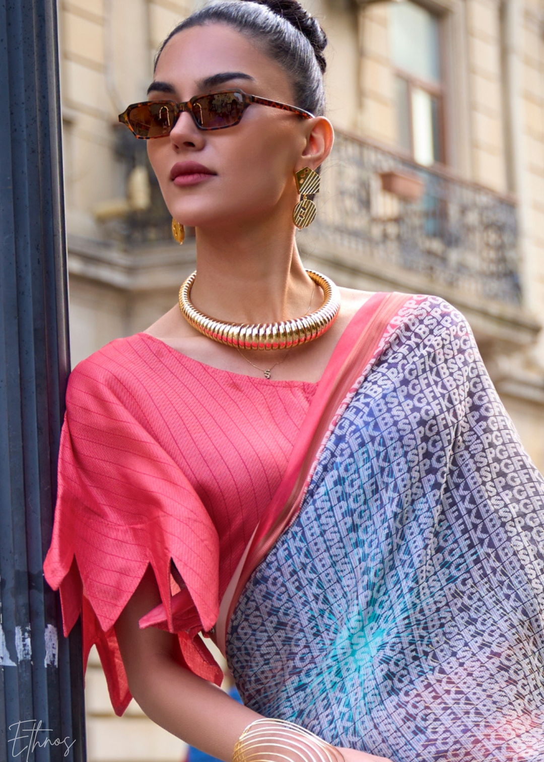Pink & Blue Printed Viscose Saree