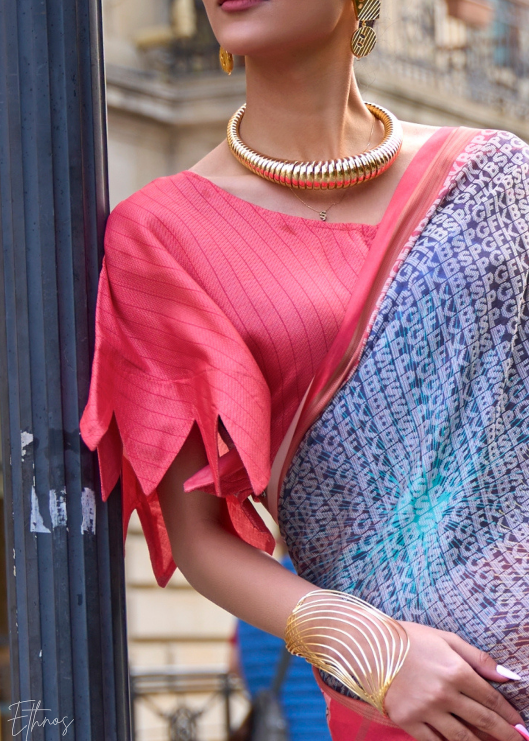 Pink & Blue Printed Viscose Saree