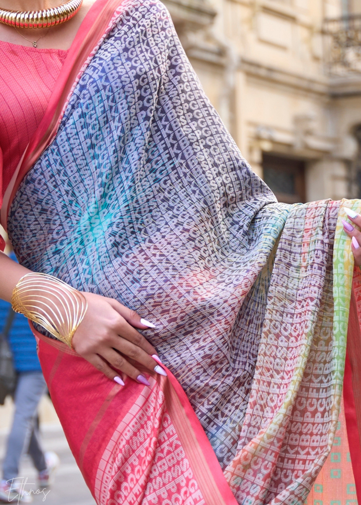 Pink & Blue Printed Viscose Saree