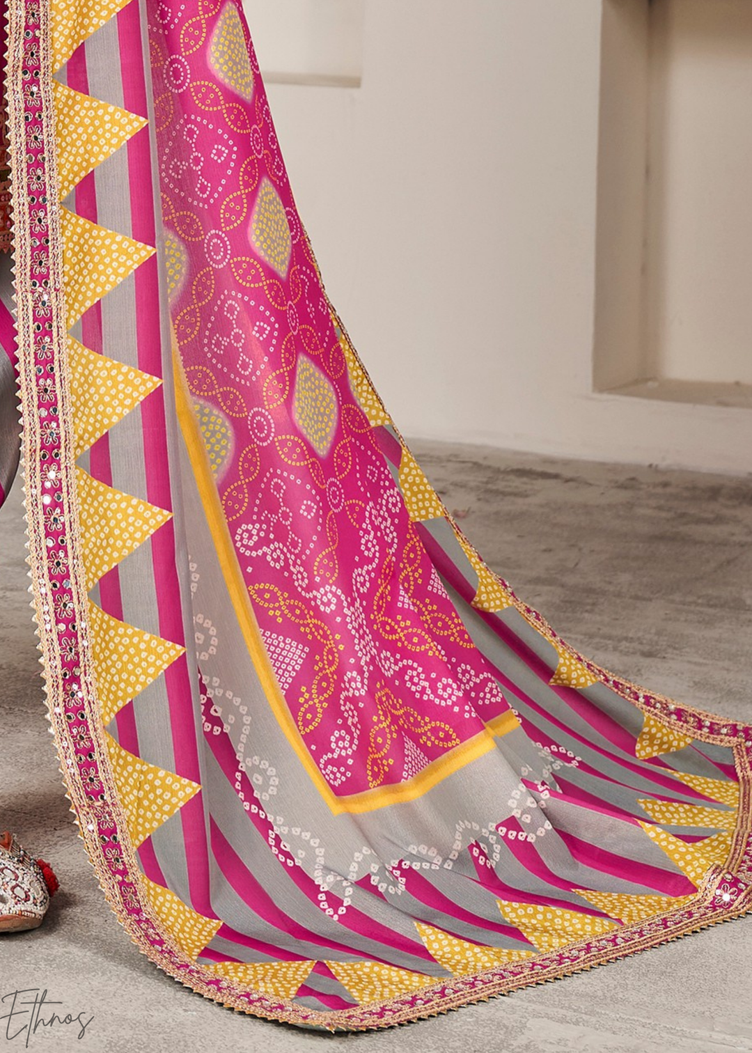 Pink & Grey Glaze Printed Chinon Dhoti Suit