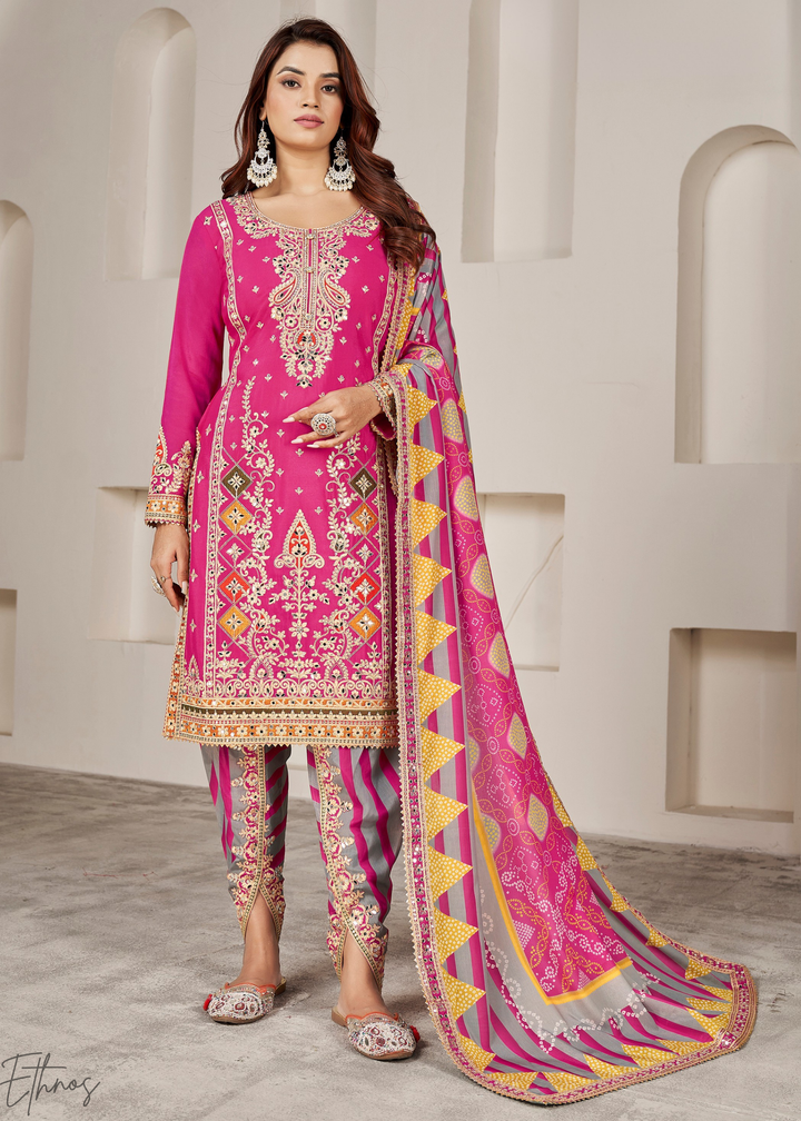 Pink & Grey Glaze Printed Chinon Dhoti Suit