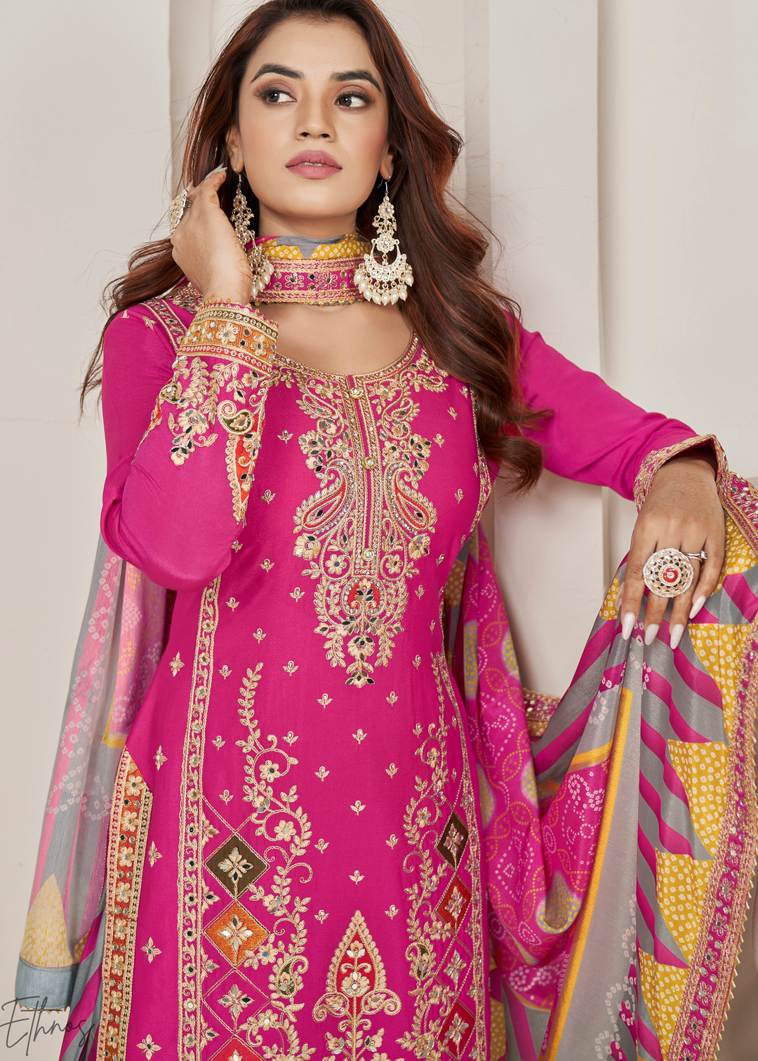 Pink & Grey Glaze Printed Chinon Dhoti Suit