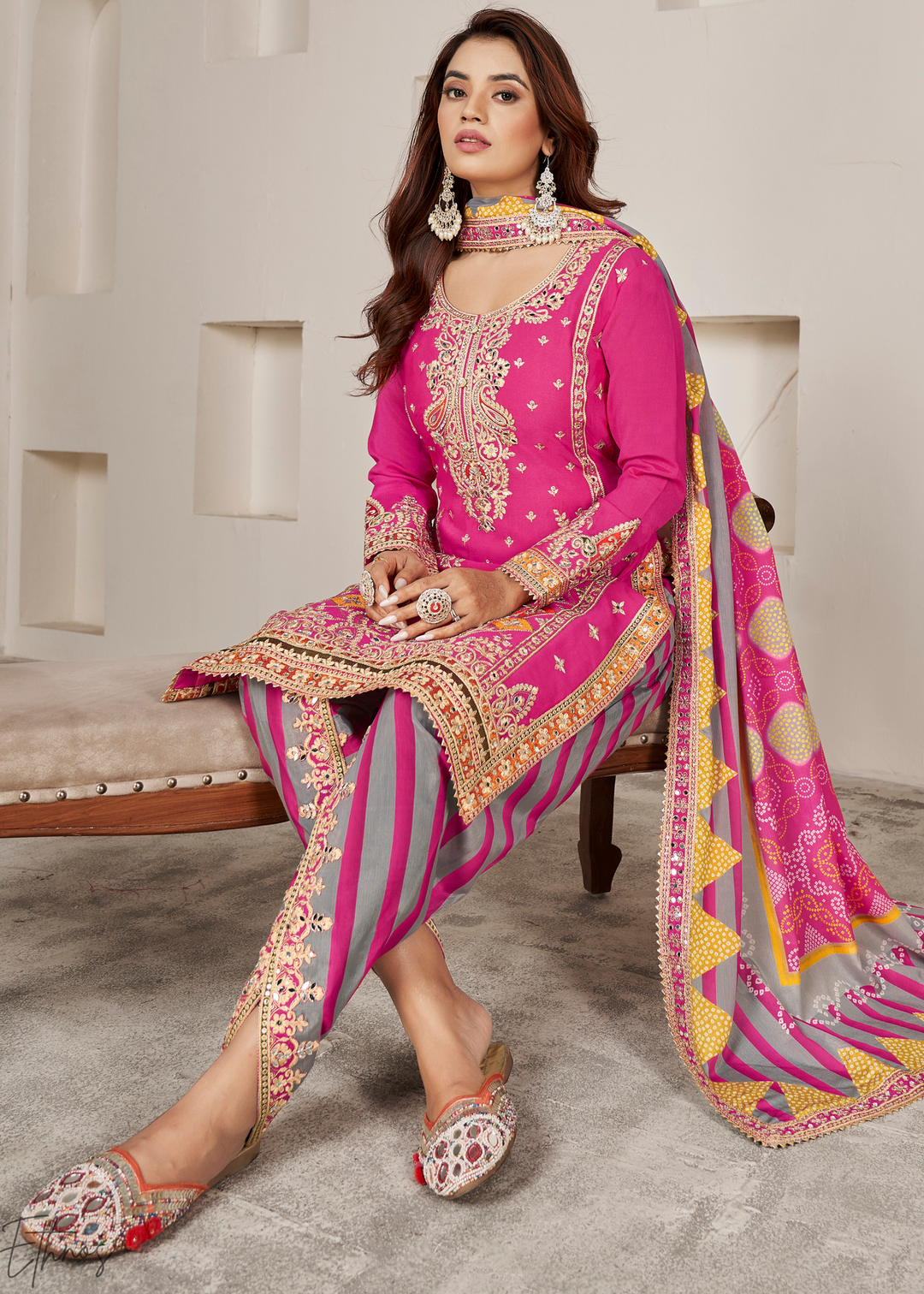 Pink & Grey Glaze Printed Chinon Dhoti Suit