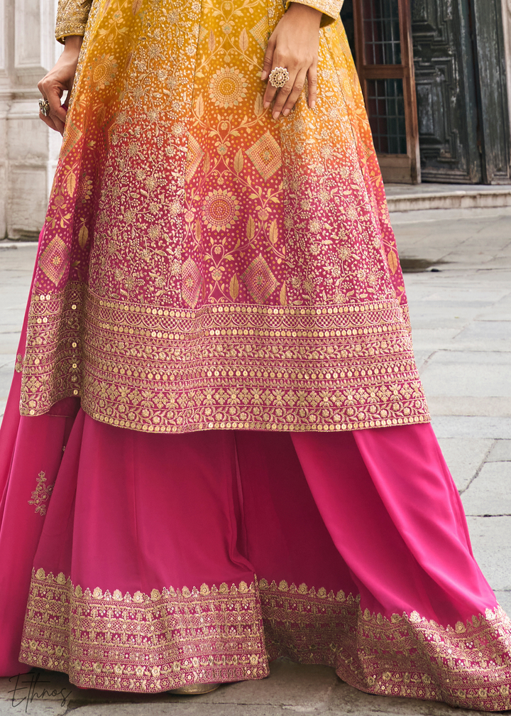 Pink & Mustard Jacquard Silk Palazzo Suit