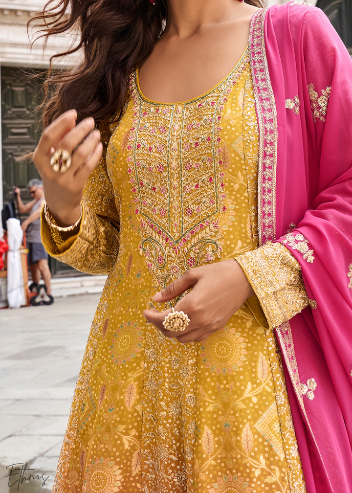 Pink & Mustard Jacquard Silk Palazzo Suit