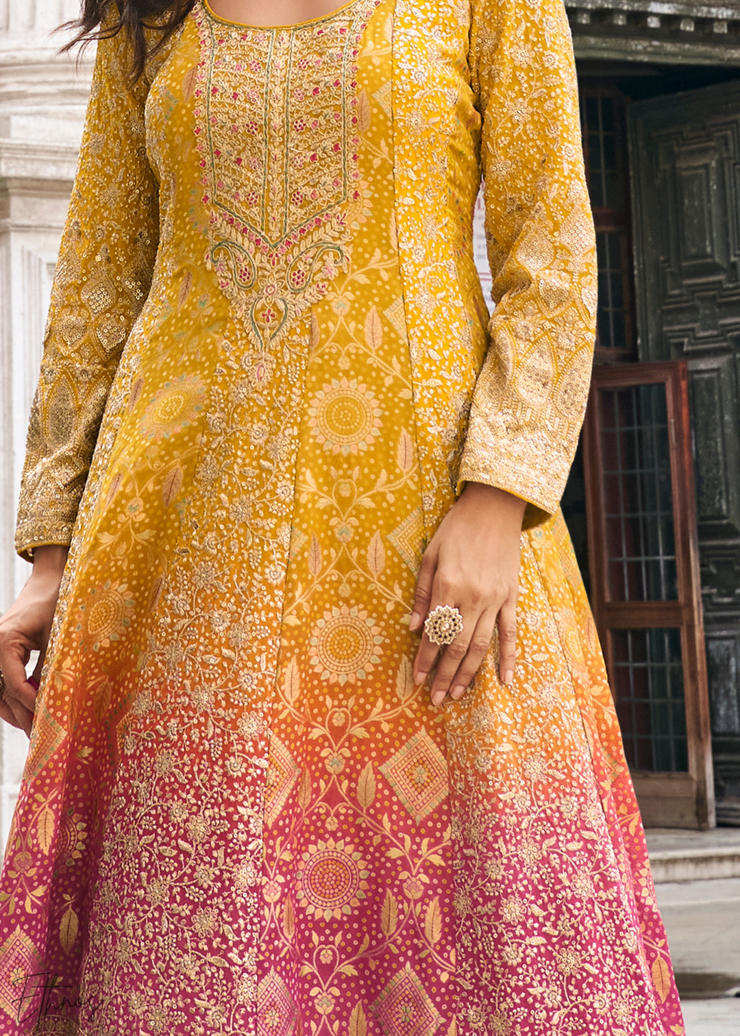 Pink & Mustard Jacquard Silk Palazzo Suit