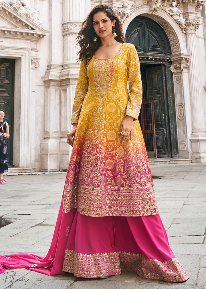 Pink & Mustard Jacquard Silk Palazzo Suit