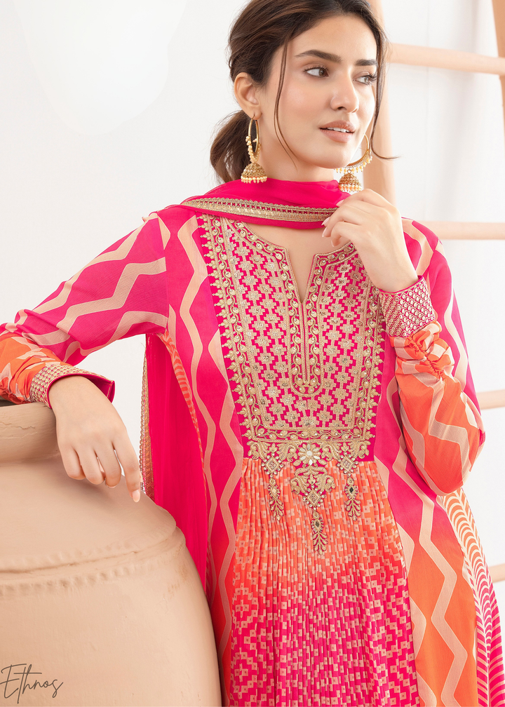 Pink & Orange Chevron Chinon Gown Suit