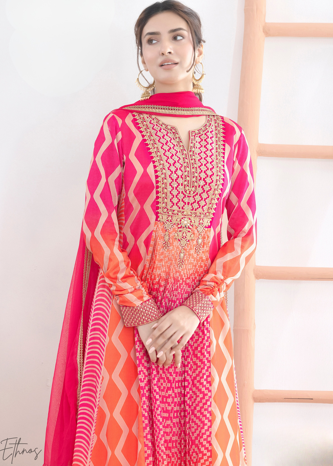 Pink & Orange Chevron Chinon Gown Suit