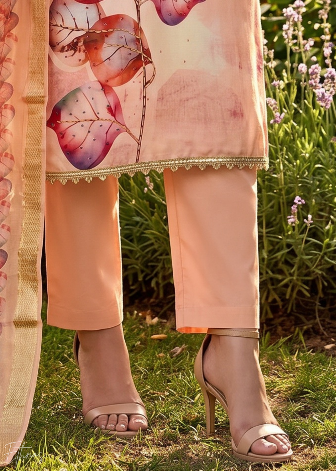 Peach Sorbet Watercolor-Blossom Rayon Cotton Palazzo Suit