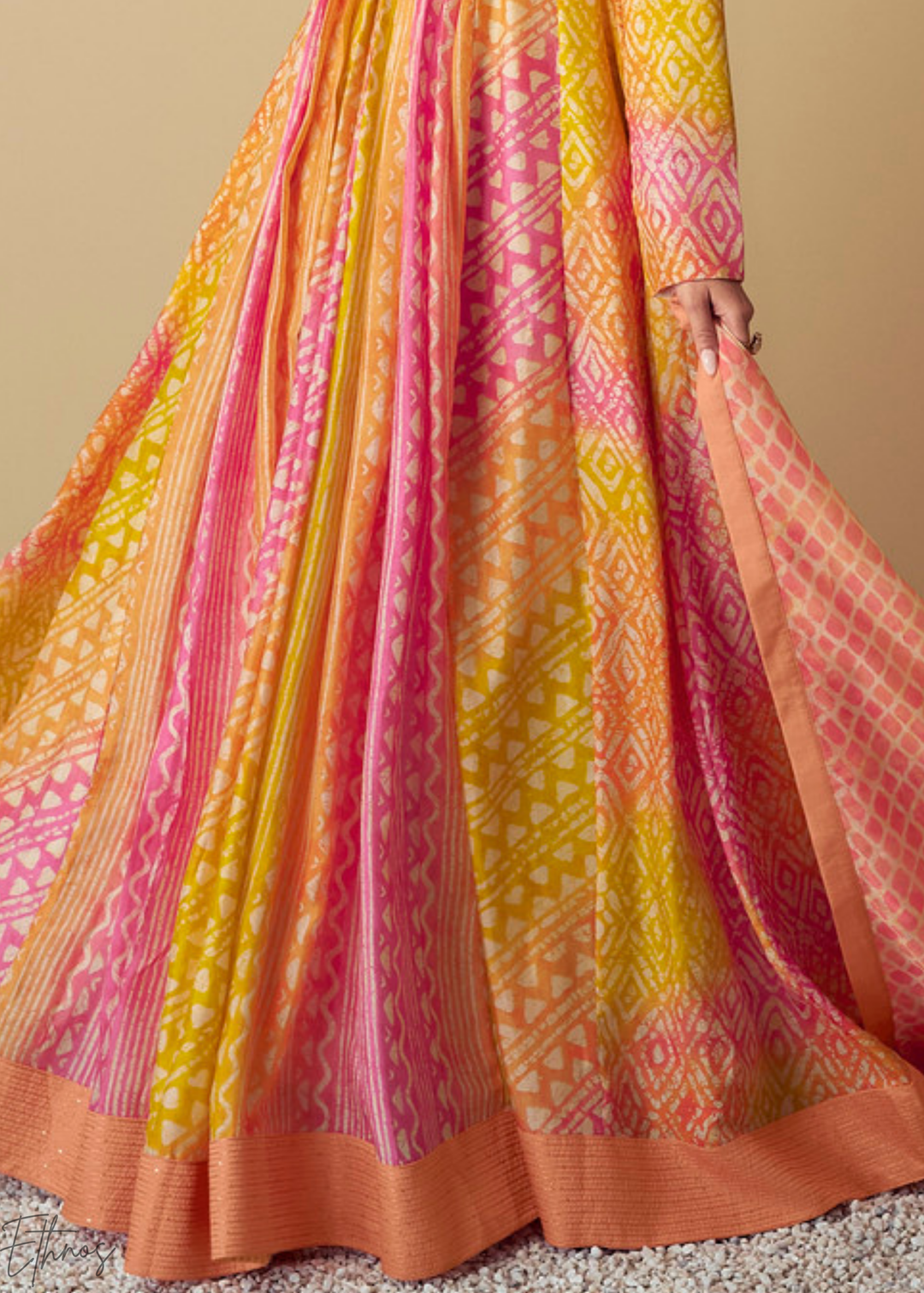 Pink & Yellow Printed Muslin Gown Suit