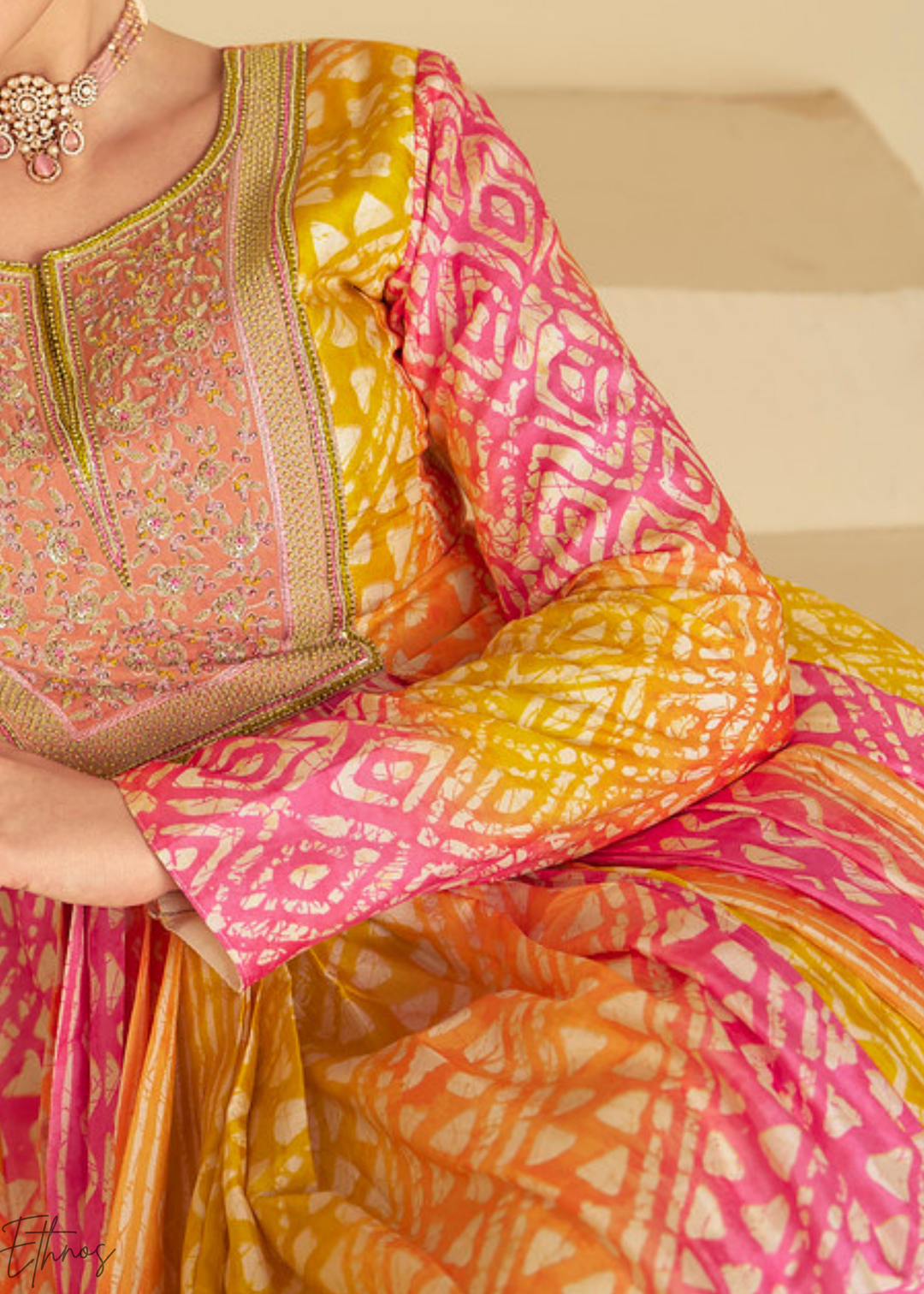 Pink & Yellow Printed Muslin Gown Suit