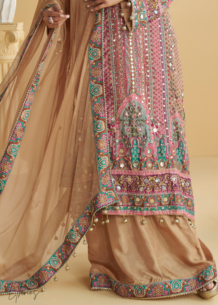 Pink & Beige Crepe Silk Palazzo Salwar Suit