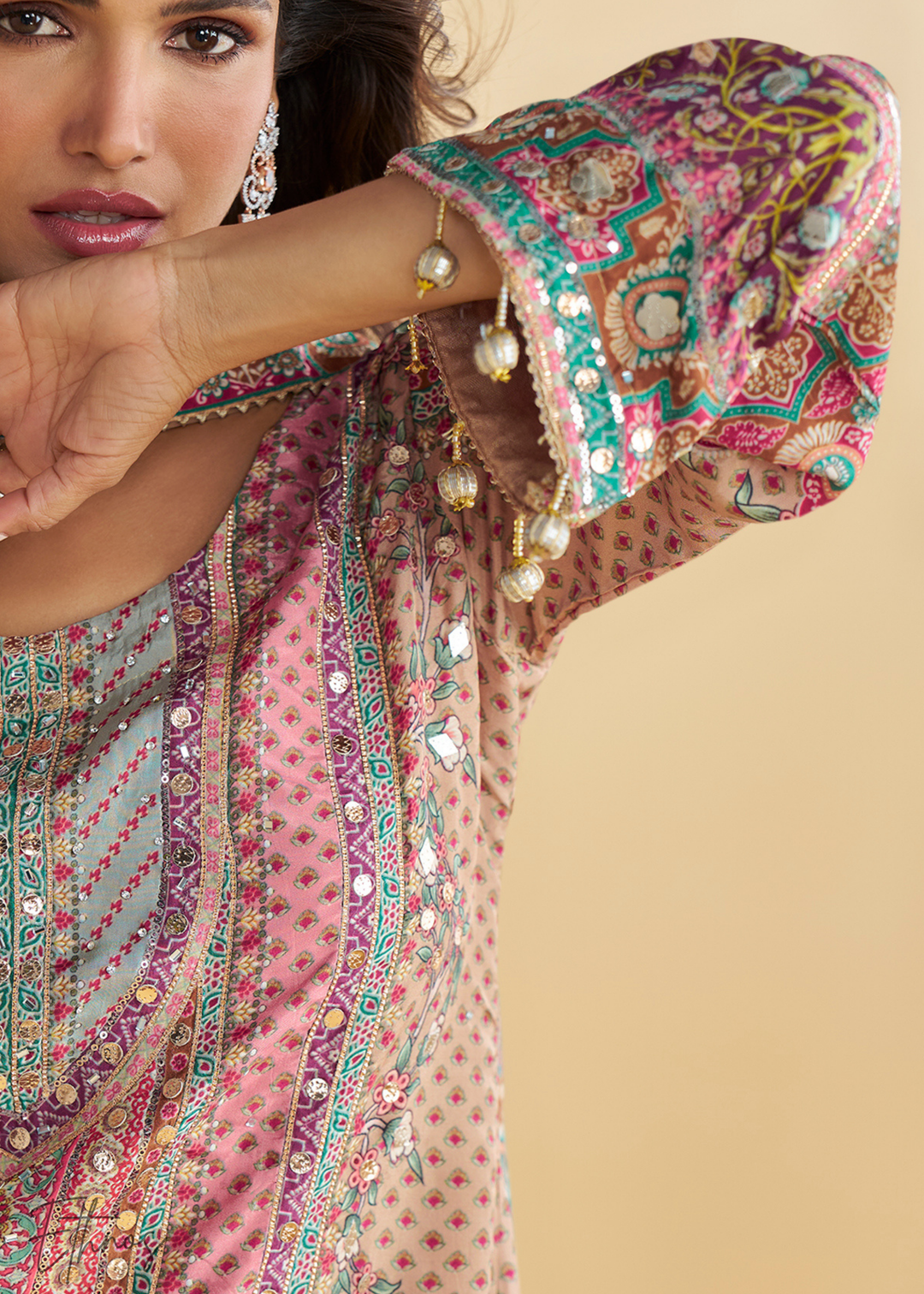 Pink & Beige Crepe Silk Palazzo Salwar Suit