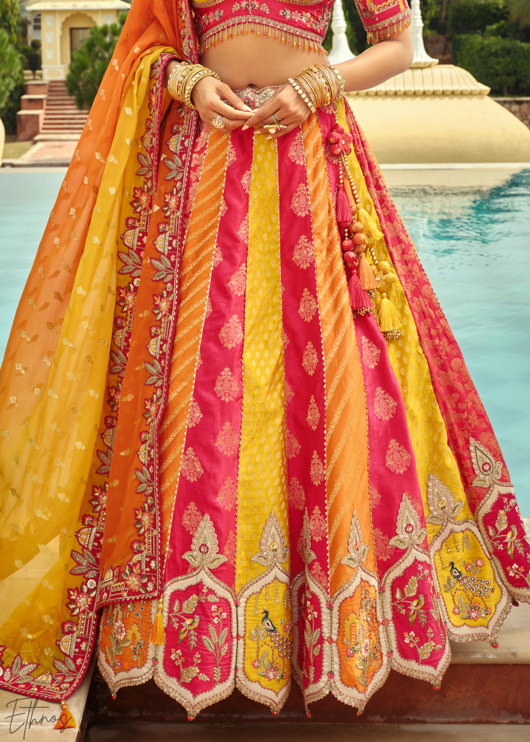Sunshine Yellow & Pink Embroidered Silk Lehenga