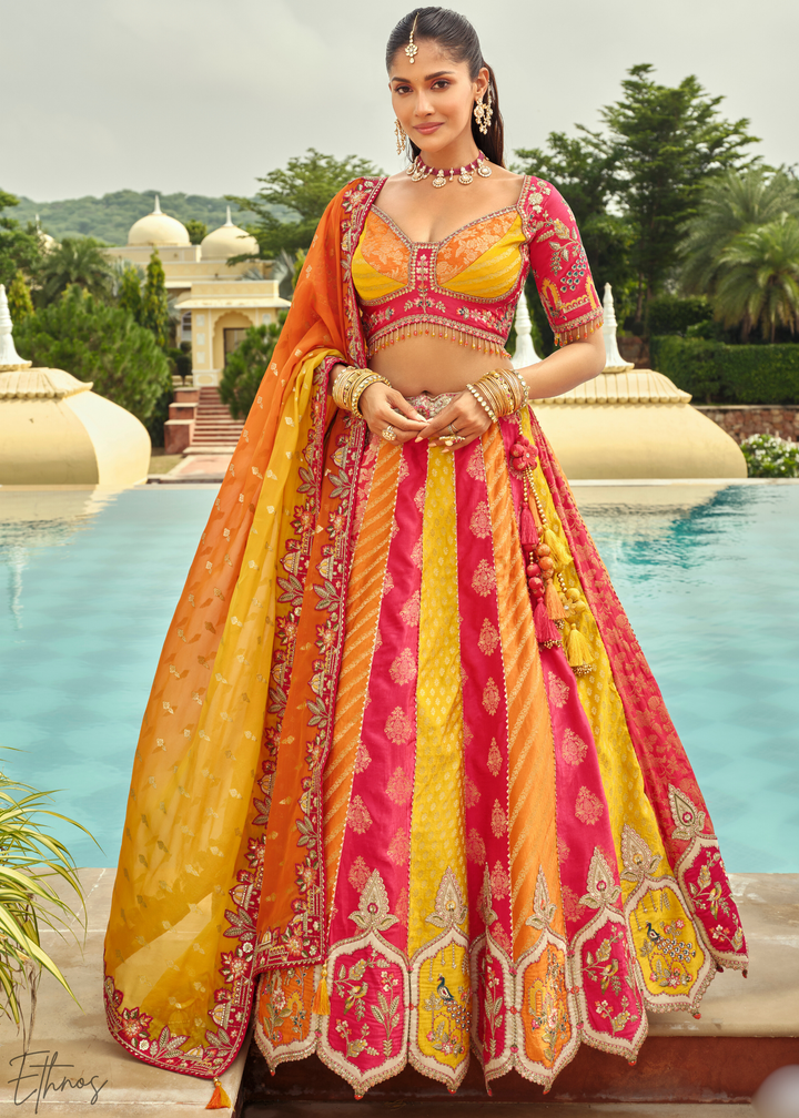 Sunshine Yellow & Pink Embroidered Silk Lehenga