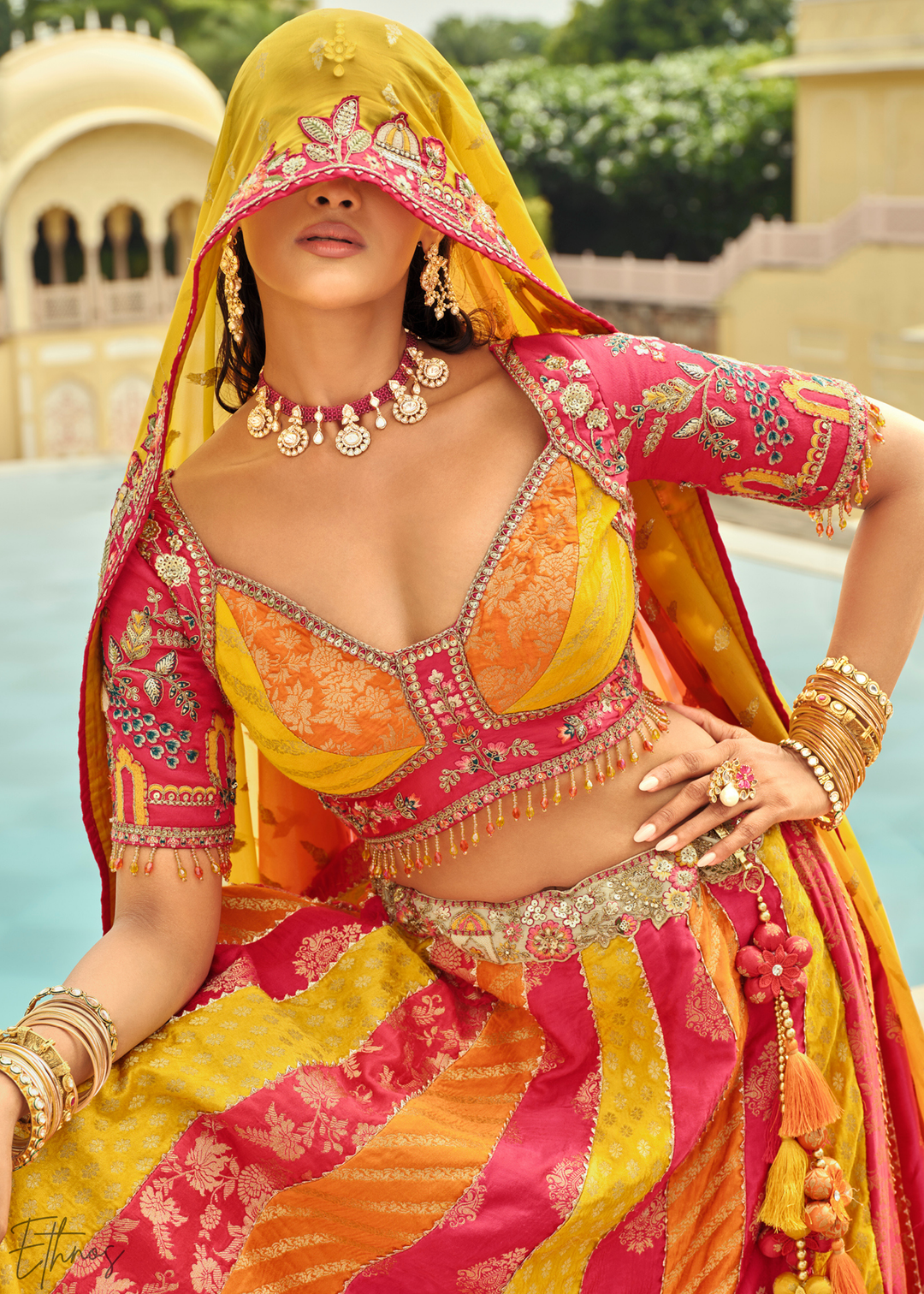 Sunshine Yellow & Pink Embroidered Silk Lehenga