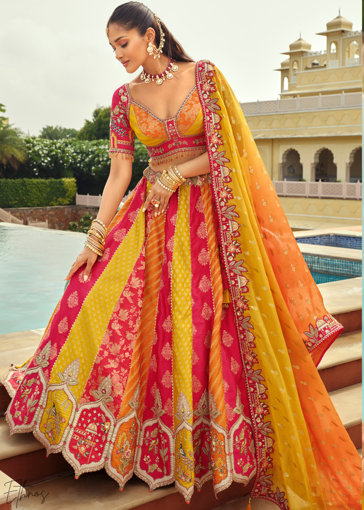 Sunshine Yellow & Pink Embroidered Silk Lehenga