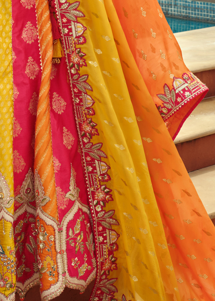 Sunshine Yellow & Pink Embroidered Silk Lehenga