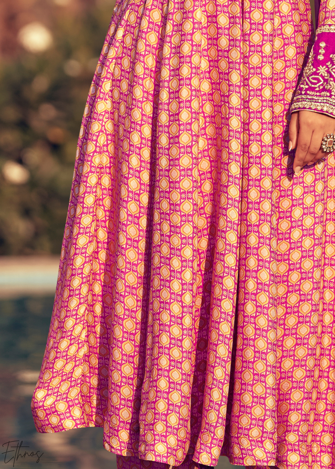 Pink and Magenta Printed Chinon Silk Anarkali Suit