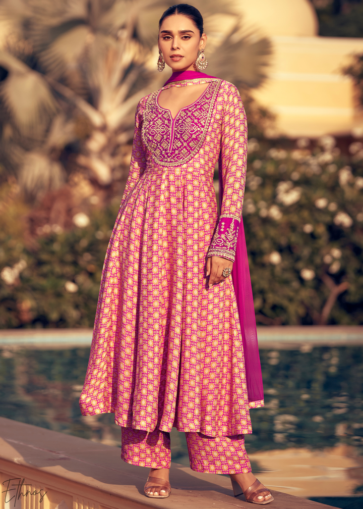 Pink and Magenta Printed Chinon Silk Anarkali Suit
