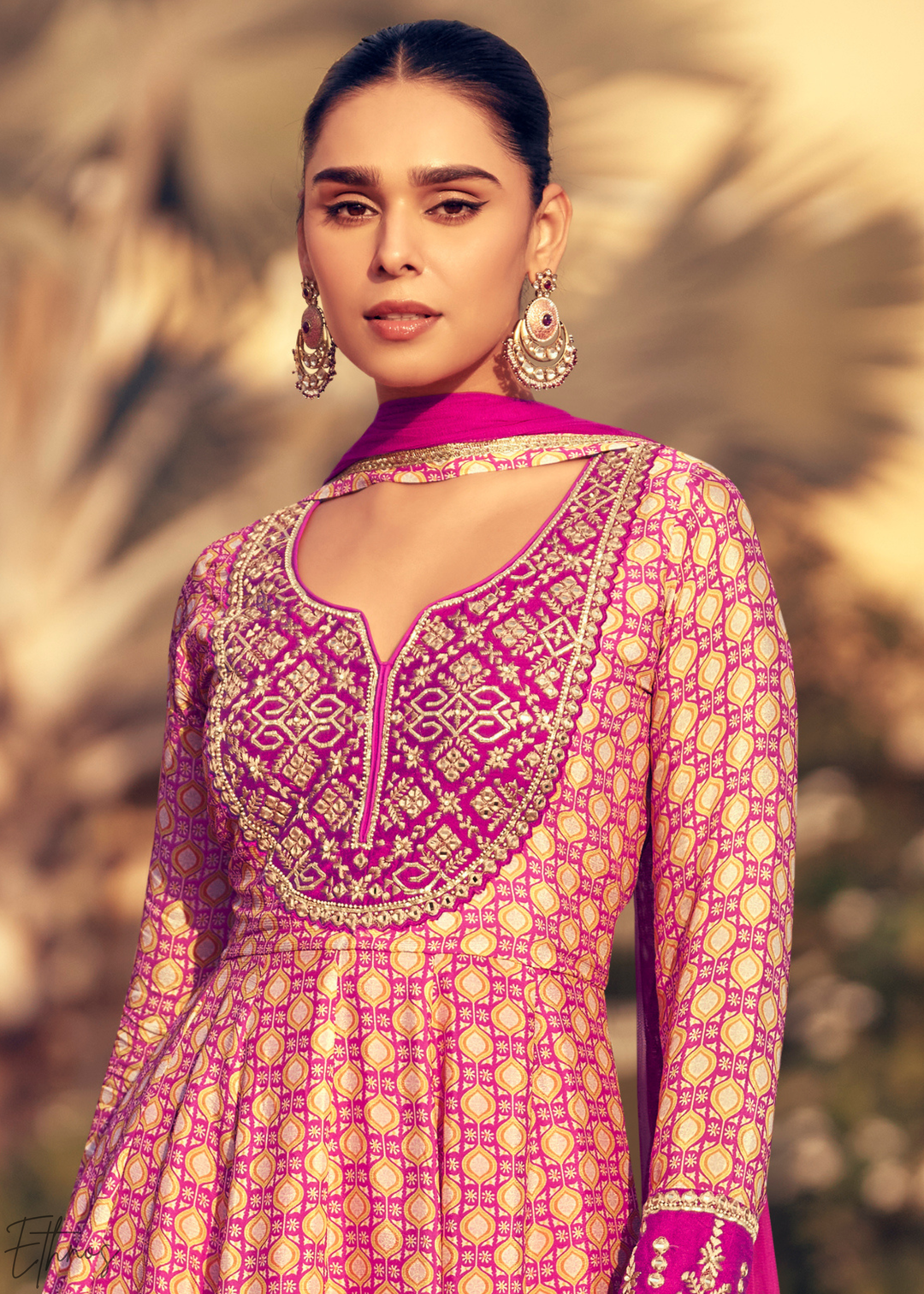 Pink and Magenta Printed Chinon Silk Anarkali Suit