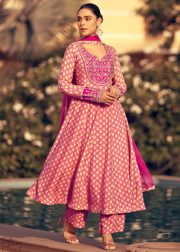 Pink and Magenta Printed Chinon Silk Anarkali Suit