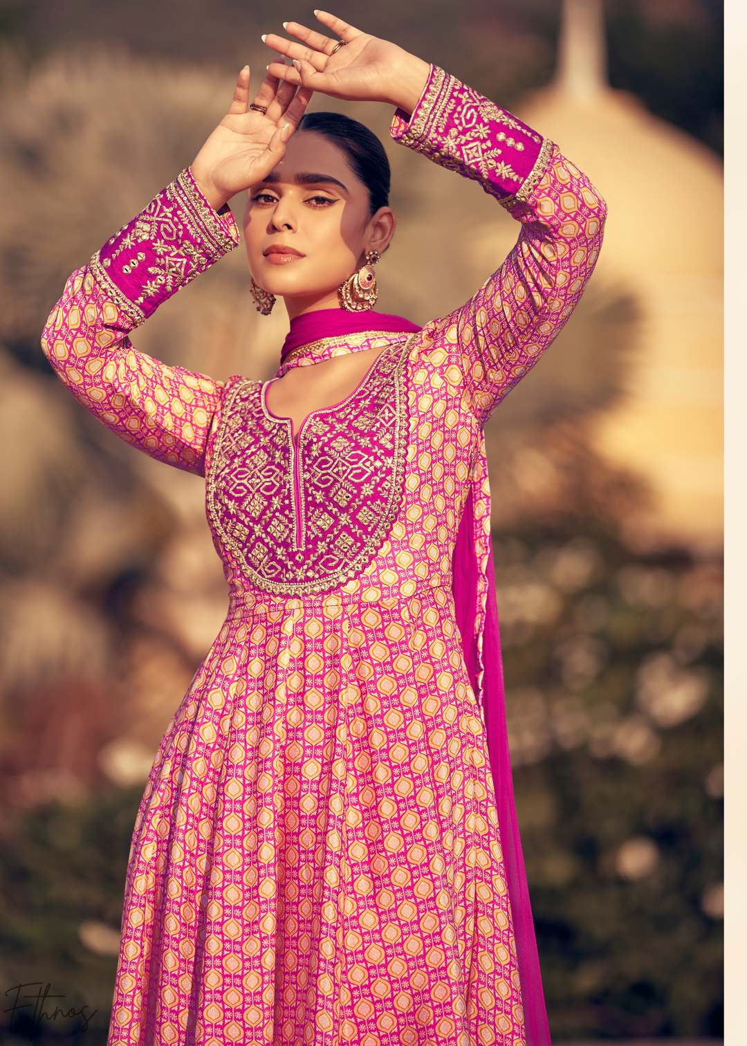 Pink and Magenta Printed Chinon Silk Anarkali Suit