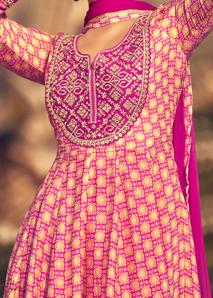 Pink and Magenta Printed Chinon Silk Anarkali Suit