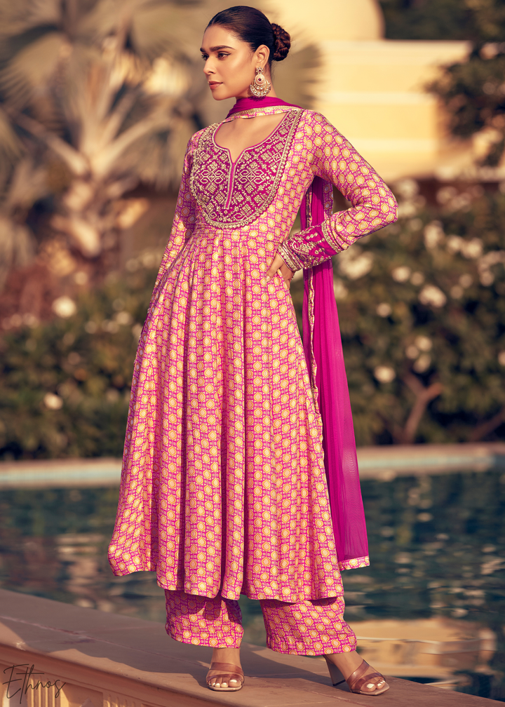 Pink and Magenta Printed Chinon Silk Anarkali Suit