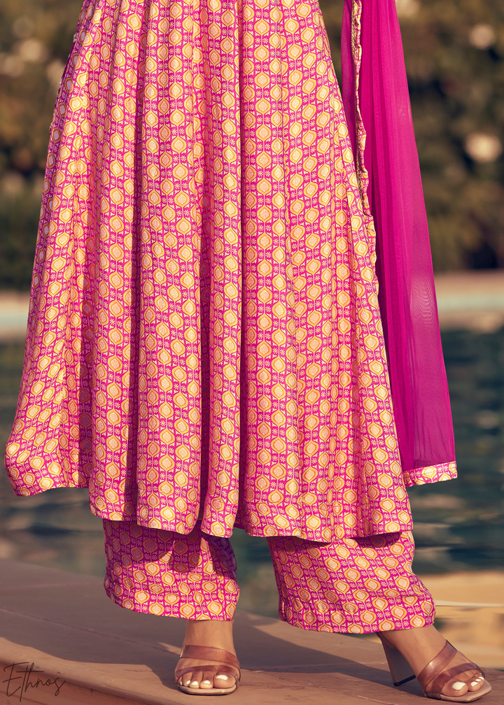 Pink and Magenta Printed Chinon Silk Anarkali Suit