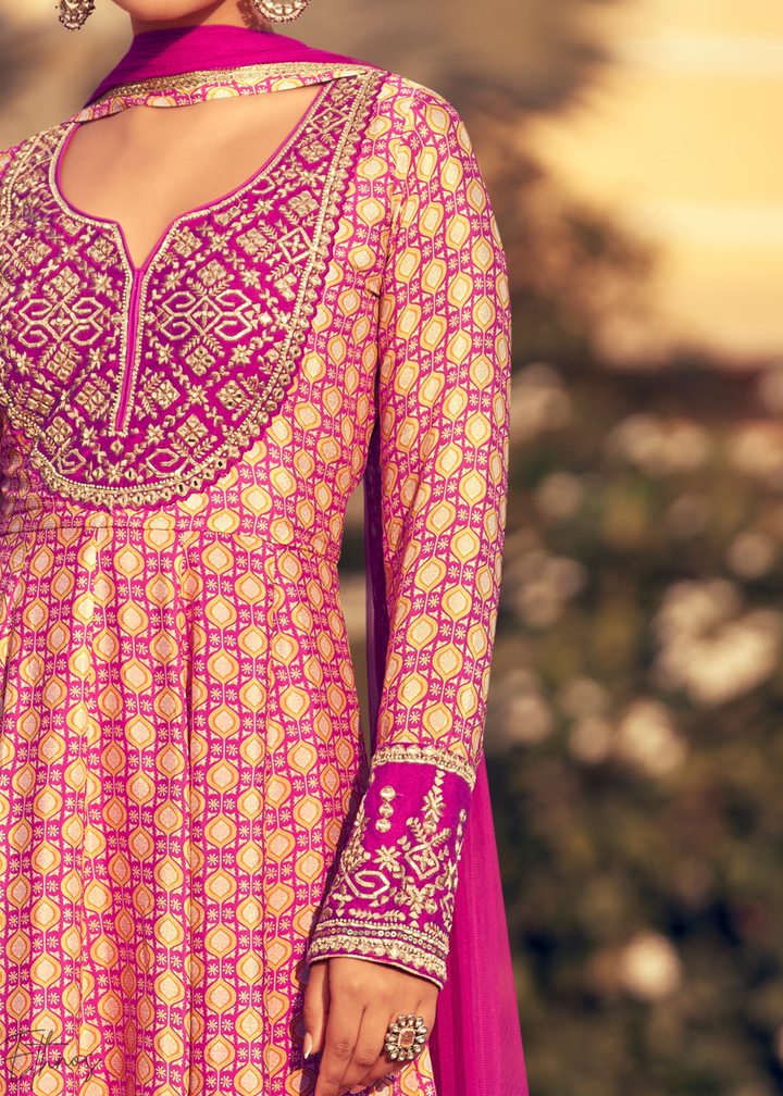 Pink and Magenta Printed Chinon Silk Anarkali Suit