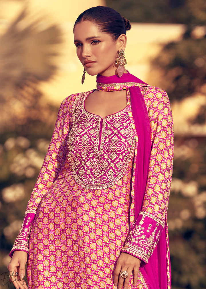 Pink and Magenta Printed Chinon Silk Sharara Suit
