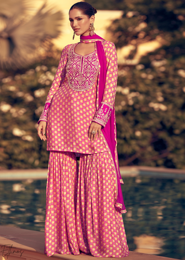 Pink and Magenta Printed Chinon Silk Sharara Suit