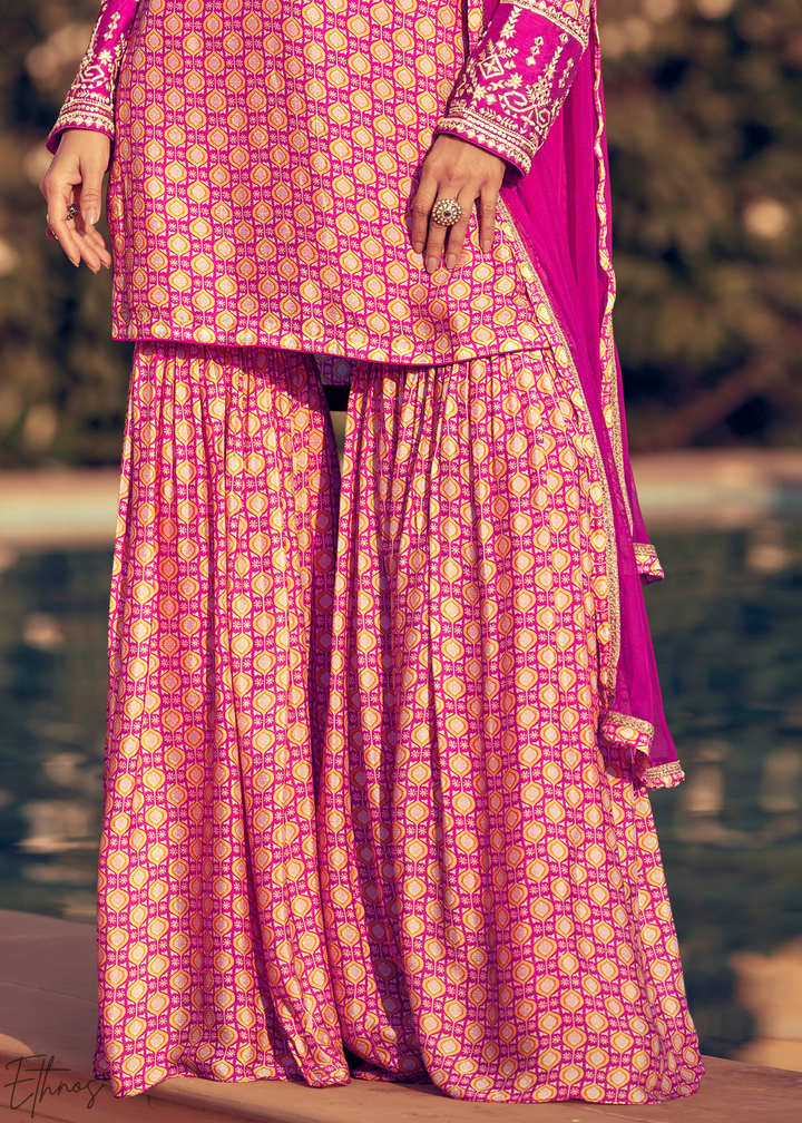 Pink and Magenta Printed Chinon Silk Sharara Suit