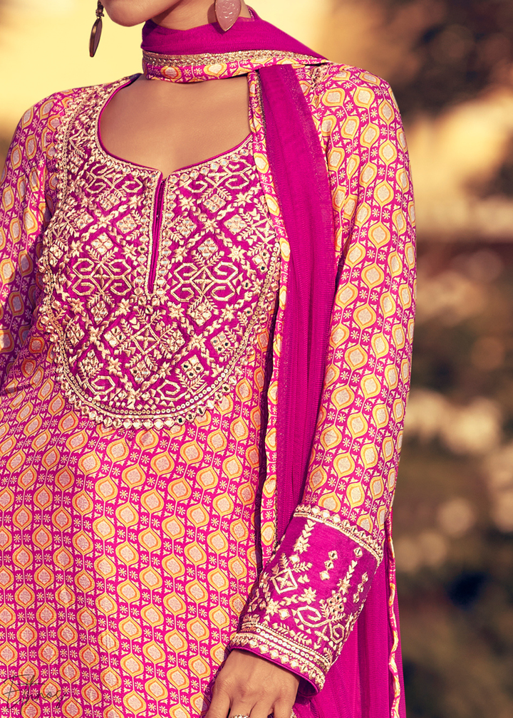 Pink and Magenta Printed Chinon Silk Sharara Suit