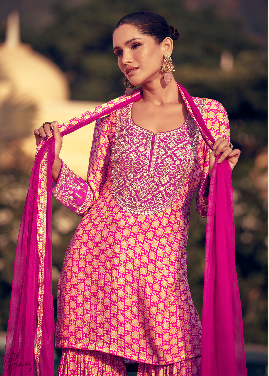Pink and Magenta Printed Chinon Silk Sharara Suit