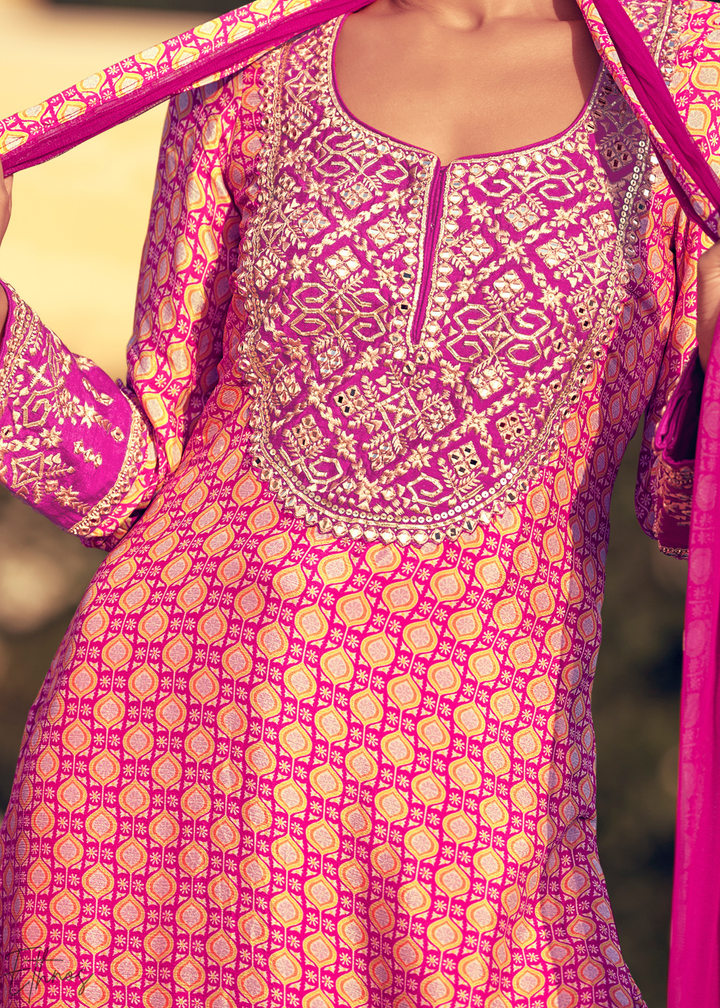 Pink and Magenta Printed Chinon Silk Sharara Suit