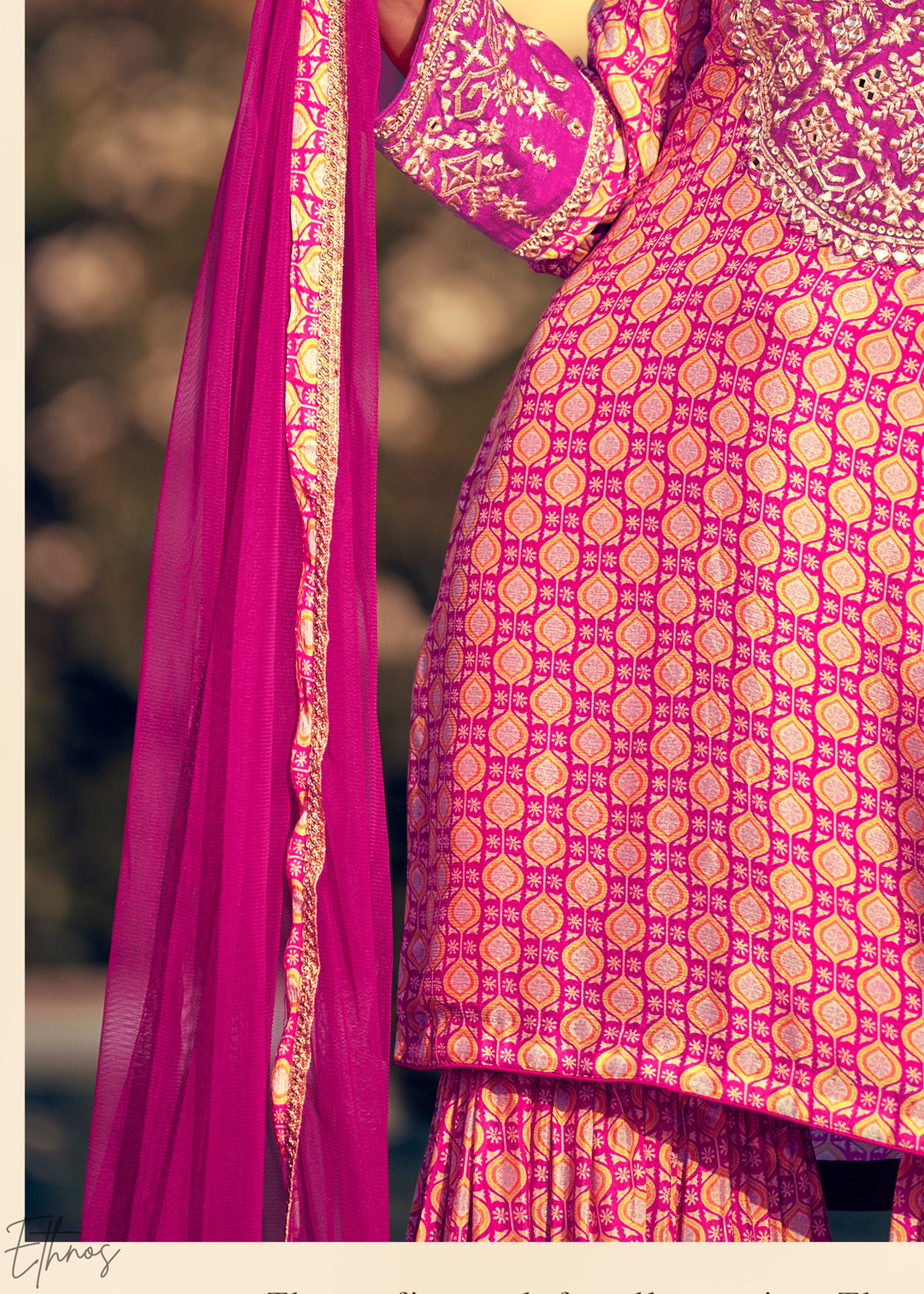 Pink and Magenta Printed Chinon Silk Sharara Suit
